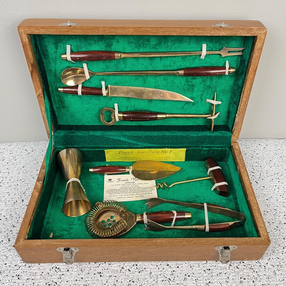 Frank Jewellers No. 1 Vintage Bar Tool Set 9 pc Brass & Rosewood Thailand MCM